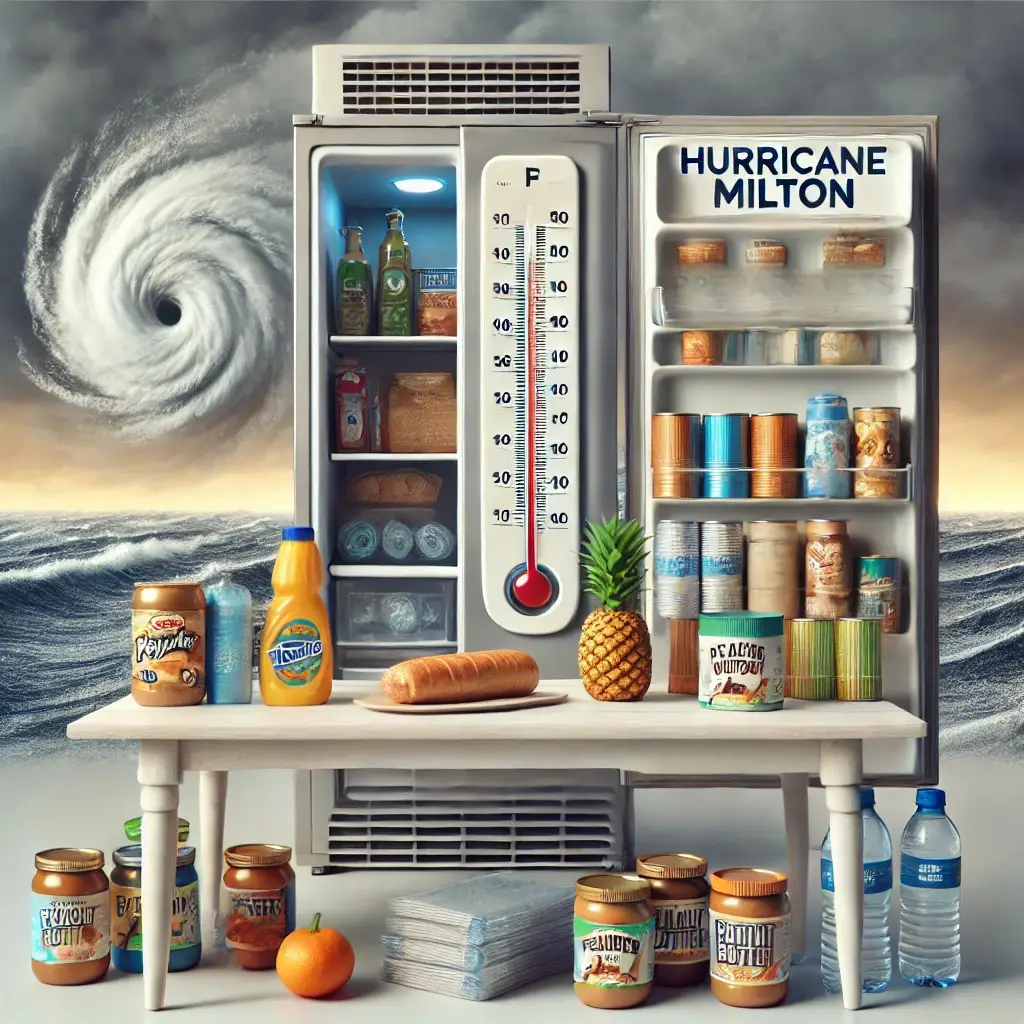 A realistic scene of hurricane preparedness showing a refrigerator thermometer below 40°F, a table with non-perishable foods like peanut butter, canned goods, and bottled water. Background hints at an approaching storm, labeled 'Hurricane Milton Preparedness.