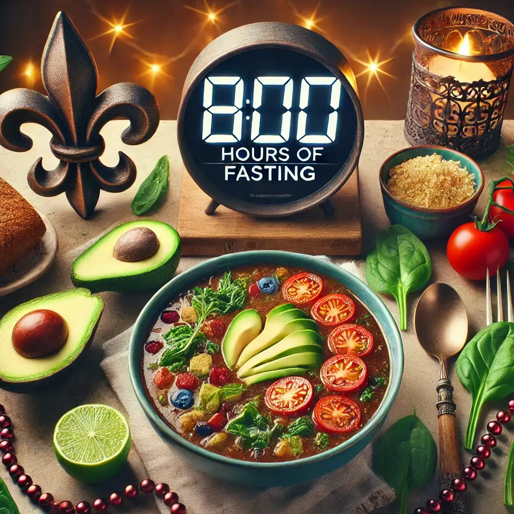 Health and wellness blog hero image showing New Orleans-style gumbo, fresh vegetables, intermittent fasting timer set to 8 hours, Mardi Gras beads, and a heart symbolizing gut health.