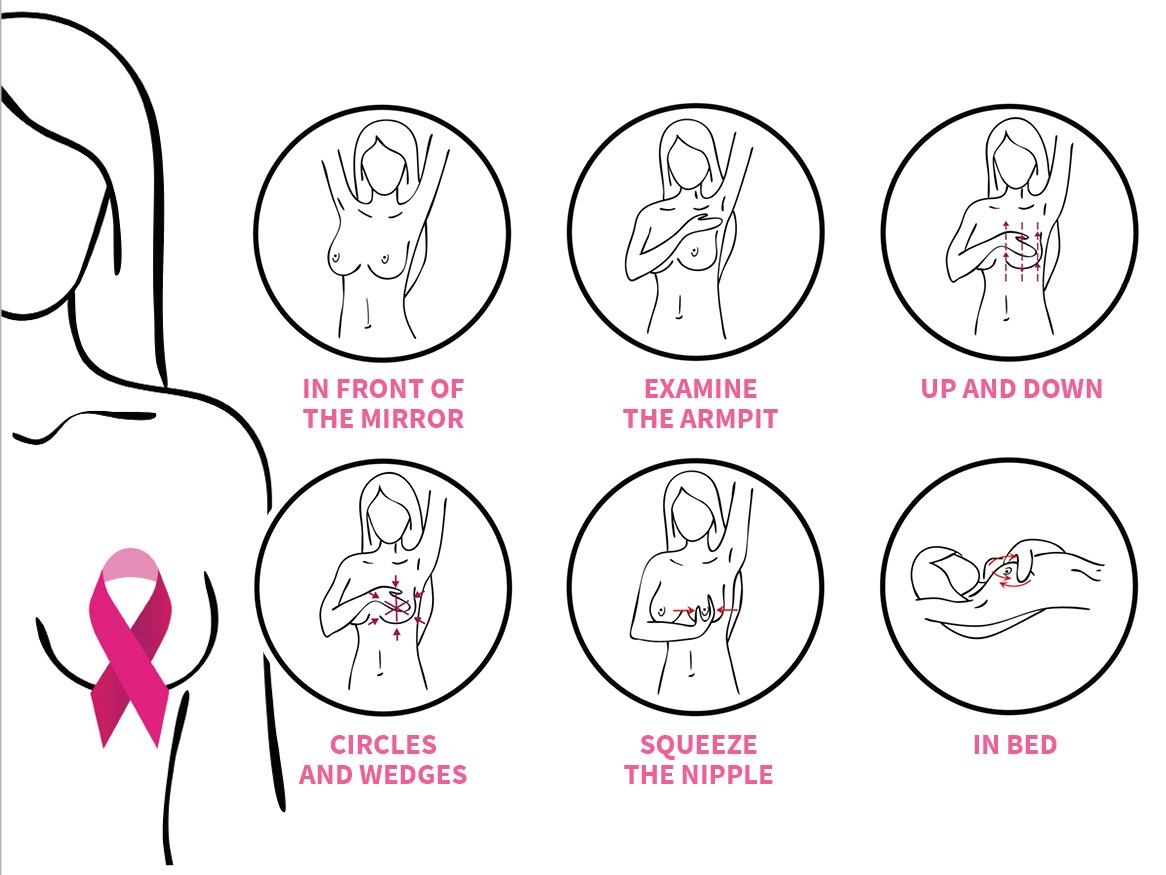 Instructional guide on how to perform a self-breast exam, with step-by-step visuals showing a woman checking her breast. The guide includes steps for visual inspection, hands in circular motions, and lying down for thorough examination.